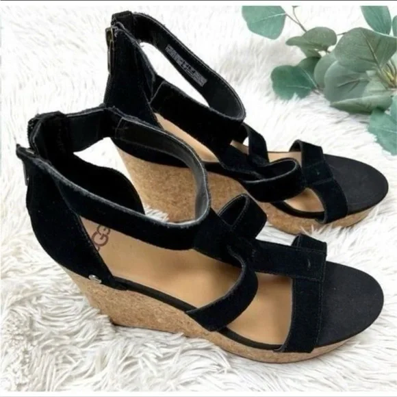 UGG Black and Tan Wedge Shoes with Cork Platform - Picture 2 of 5